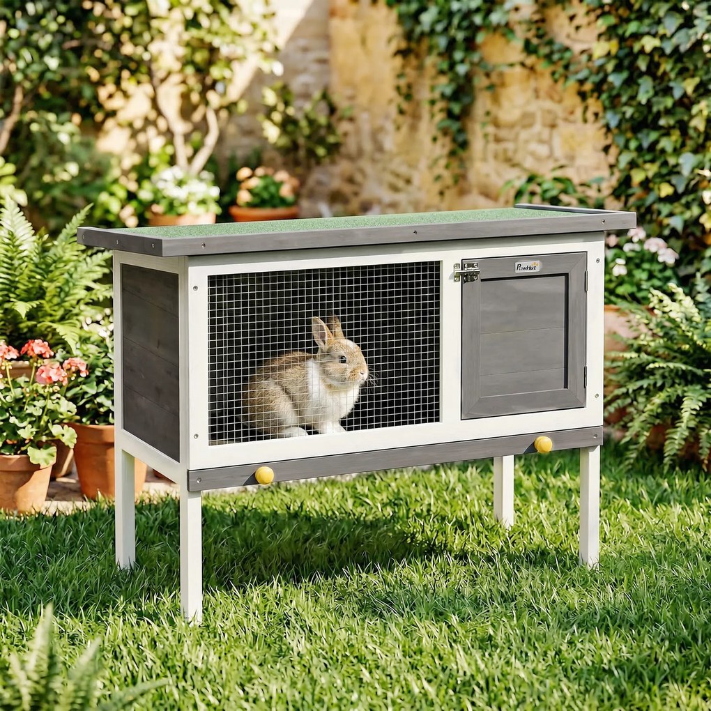 Gaiola para coelhos de exterior em madeira, com teto abrível em asfalto e tabuleiro deslizante, design elevado, 90 x 45 x 65 cm, cinzento