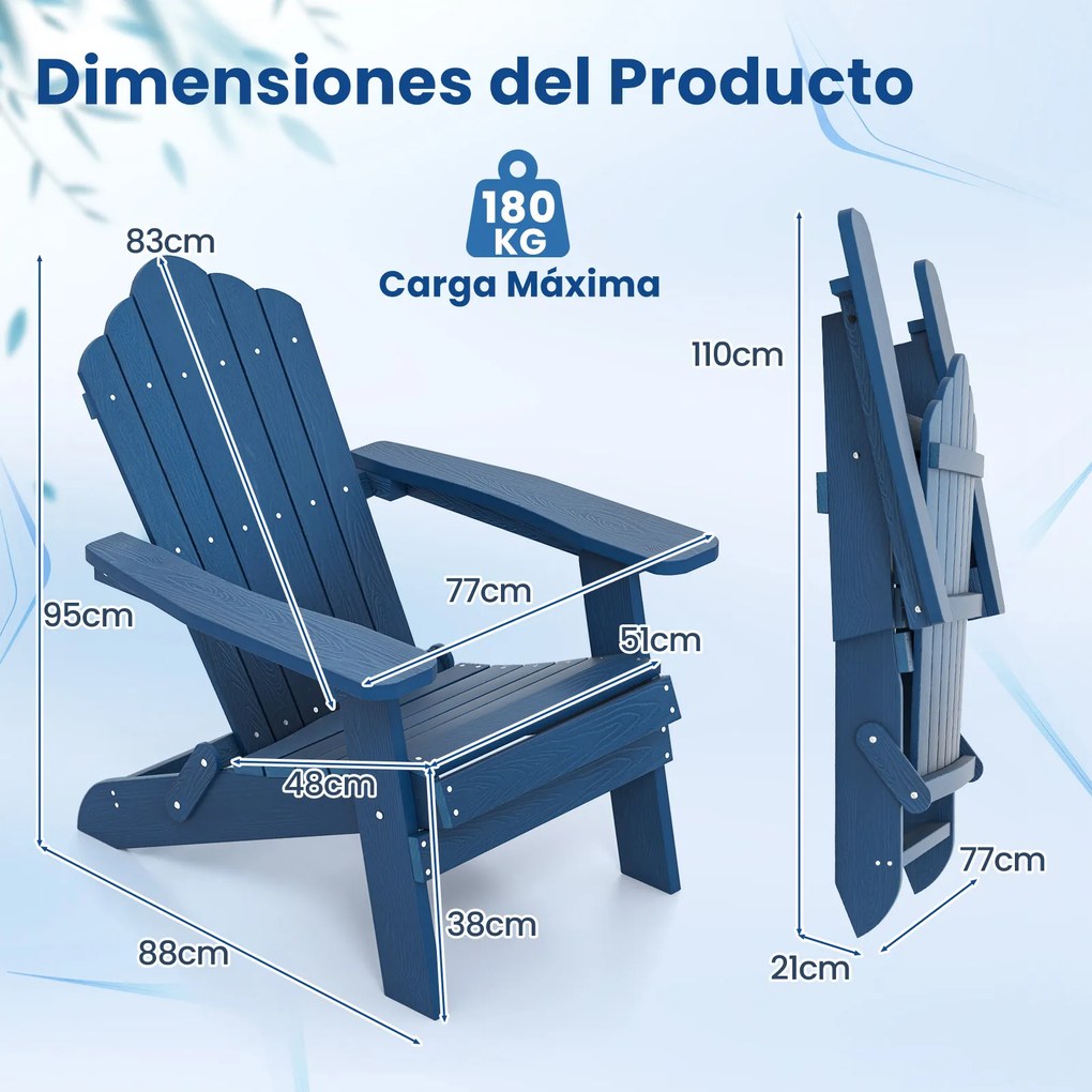 Conjunto de 2 cadeiras Adirondack dobráveis com braços largos, encosto inclinado, assento em ripas e capacidade para 180 kg, para terraço ou pátio, az