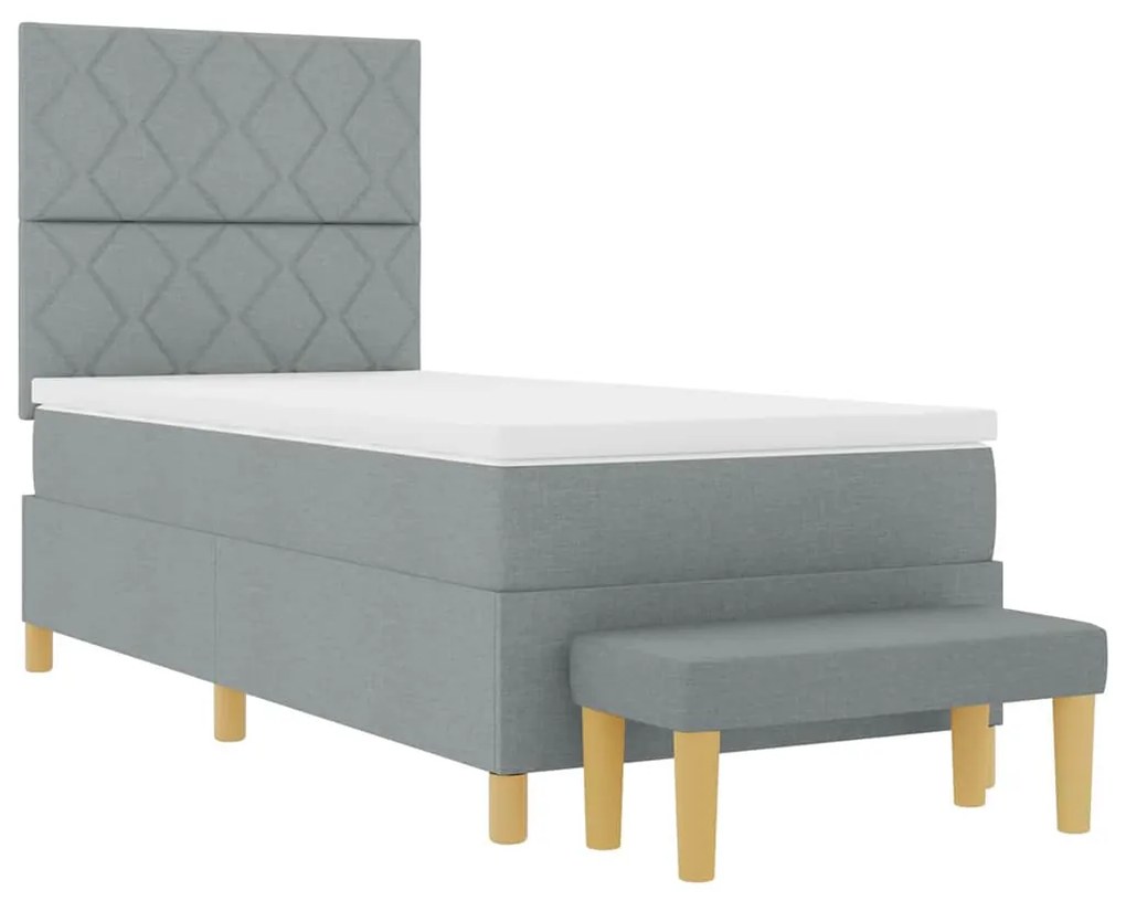 Cama Box Spring com Colchão &amp; Banco Cinza Claro 100x200 cm Tecido