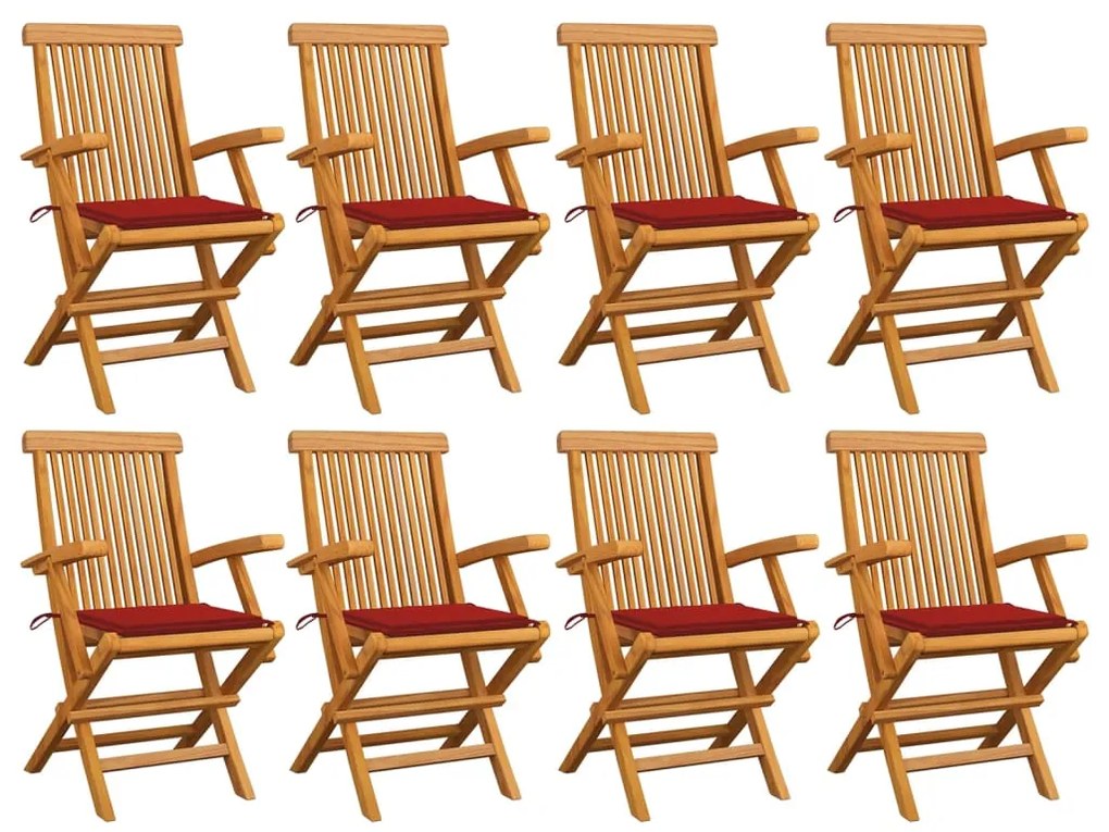 vidaXL Cadeiras de jardim c/ almofadões vermelhos 8 pcs teca maciça