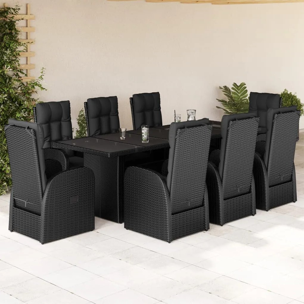 vidaXL 9 pcs conjunto de jantar p/ jardim c/ almofadões vime PE preto