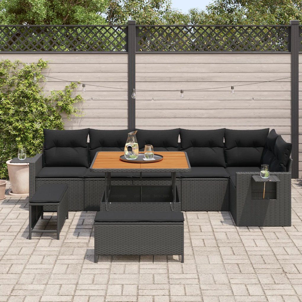 Conjunto de Sofá de Jardim vidaXL 9 Peças com Almofadas Preto Rattan A