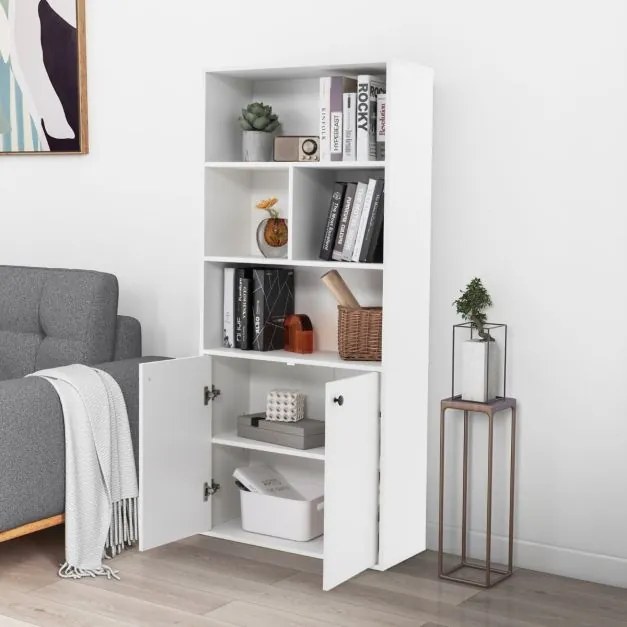 Estante de 5 níveis 70 x 29,5 x 155 cm com portas duplas, cubos abertos e prateleira ajustável 155 cm para sala, quarto, escritório Branco