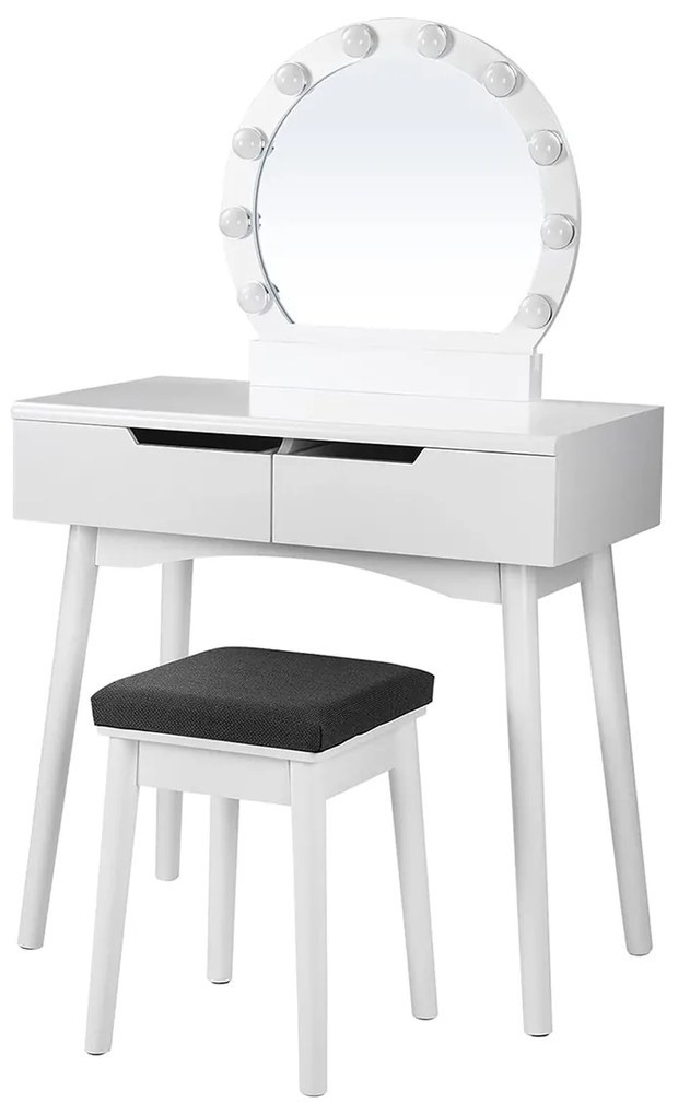 Conjunto de penteadeira VASAGLE com 10 lâmpadas e interruptor de toque, penteadeira, mesa de maquiagem com espelho redondo grande, 2 gavetas deslizantes, 1 banquinho acolchoado, branco URDT11WL