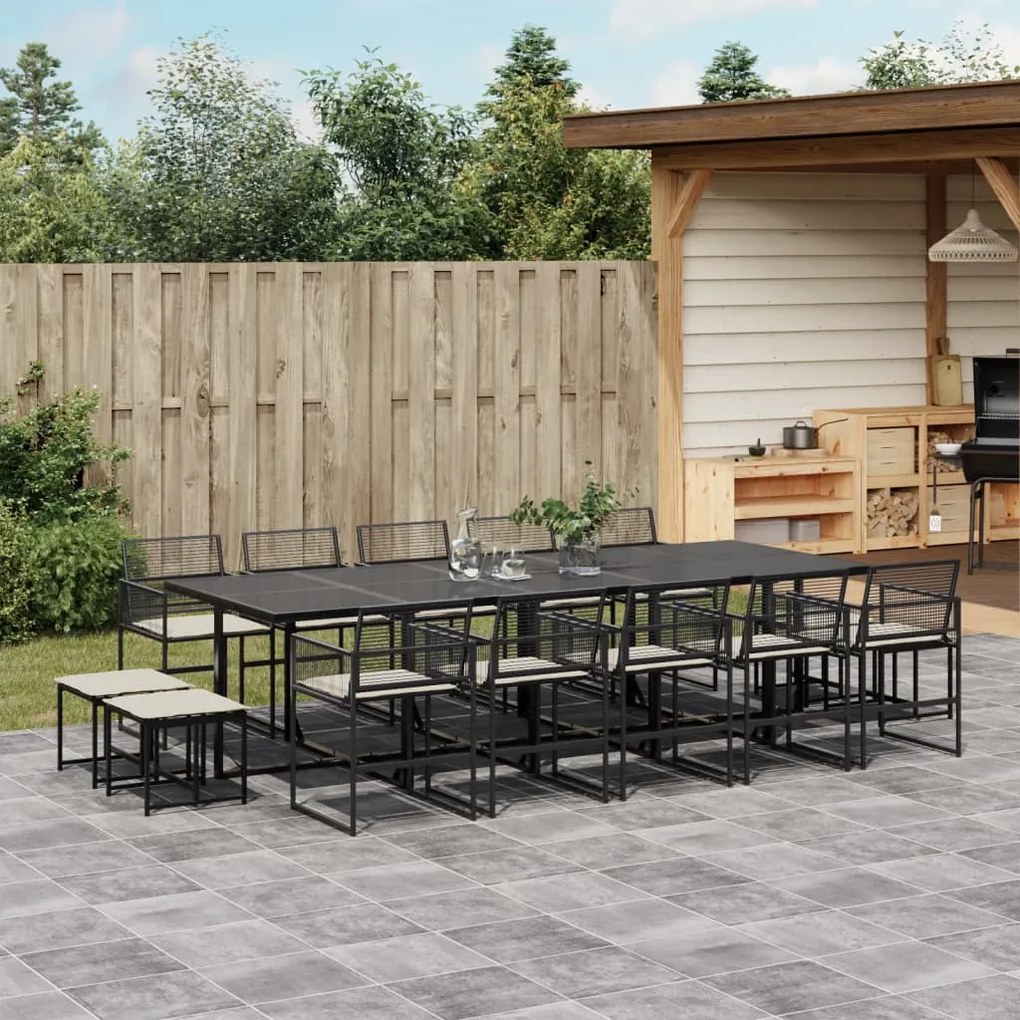 vidaXL 15 pcs conjunto de jantar p/jardim com almofadões vime PE preto
