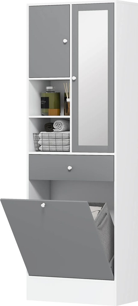 Móvel de casa de banho 62 x 28,3 x 181 cm com cesto para roupa suja e espelho com prateleira ajustável, cinzento e branco