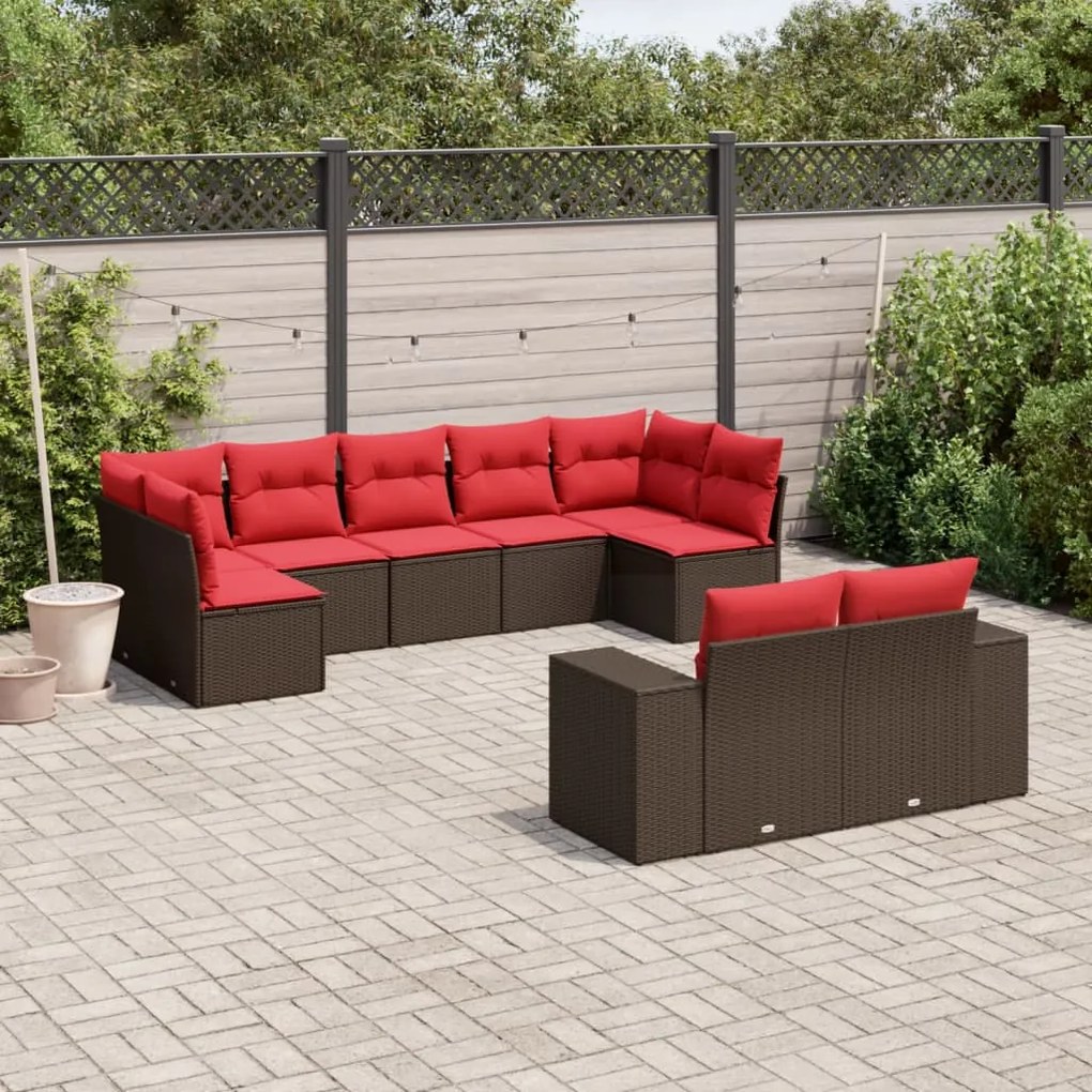 vidaXL 9 pcs conjunto sofás p/ jardim c/ almofadões vime PE castanho