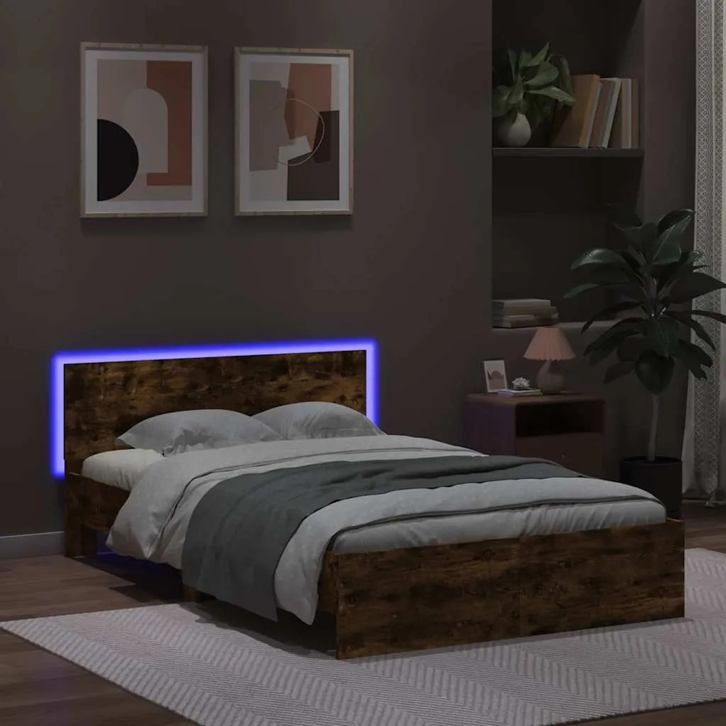 Estrutura cama c/ cabeceira/luzes LED 140x200cm carvalho fumado