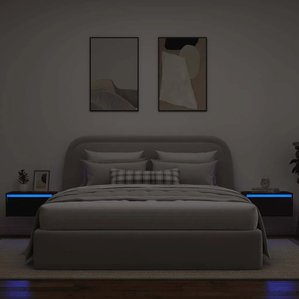 Mesas de cabeceira de parede com luzes LED 2 pcs carvalho preto
