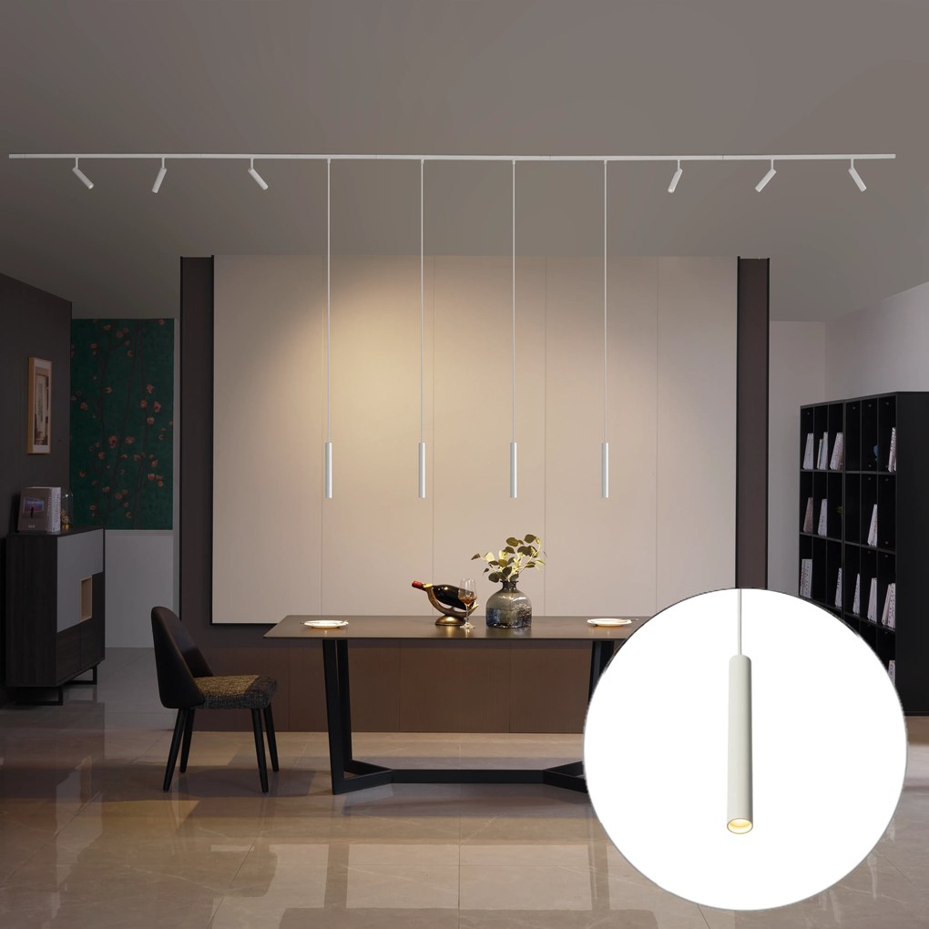 Sistema de iluminação de trilho moderno com 6 focos e 4 pendentes brancos monofásicos - Slimline Uzzy Keno