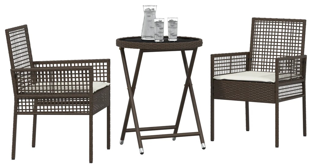 Conjunto de Bistro de Jardim 3 Peças com Almofadas Castanho em Rattan