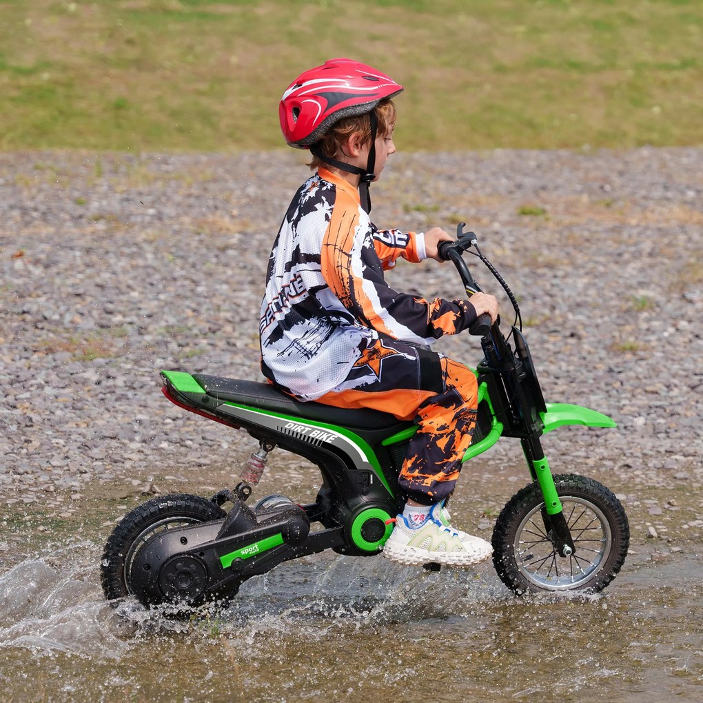 Mota elétrica de motocross para crianças, com motor de 350 W, bateria de 12 V, velocidade de 8-16 km/h, pneus insufláveis de 12'' e cor verde