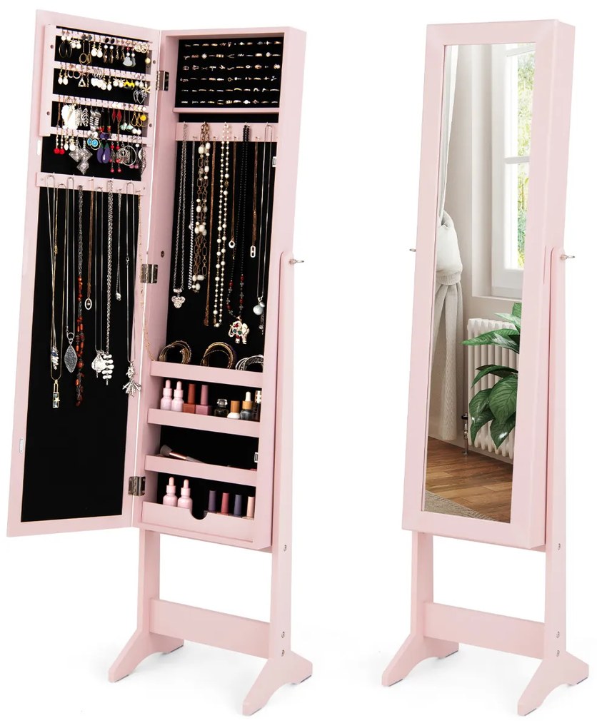 Armário Joias com Espelho de Corpo Inteiro e 3 Ângulos Reguláveis Organizador de Jóias 2 em 1 35 x 30 x 144 cm Rosa