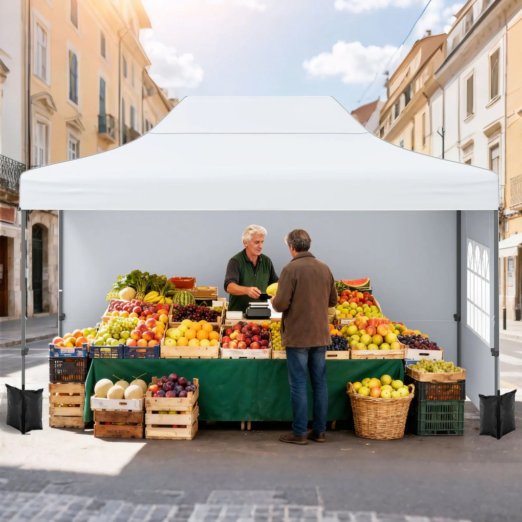 Tenda dobrável 431 x 291 cm, pop-up com 4 paredes amovíveis, altura ajustável, 4 x Sacos de areia, saco de transporte, rodas, impermeável, para pátio,