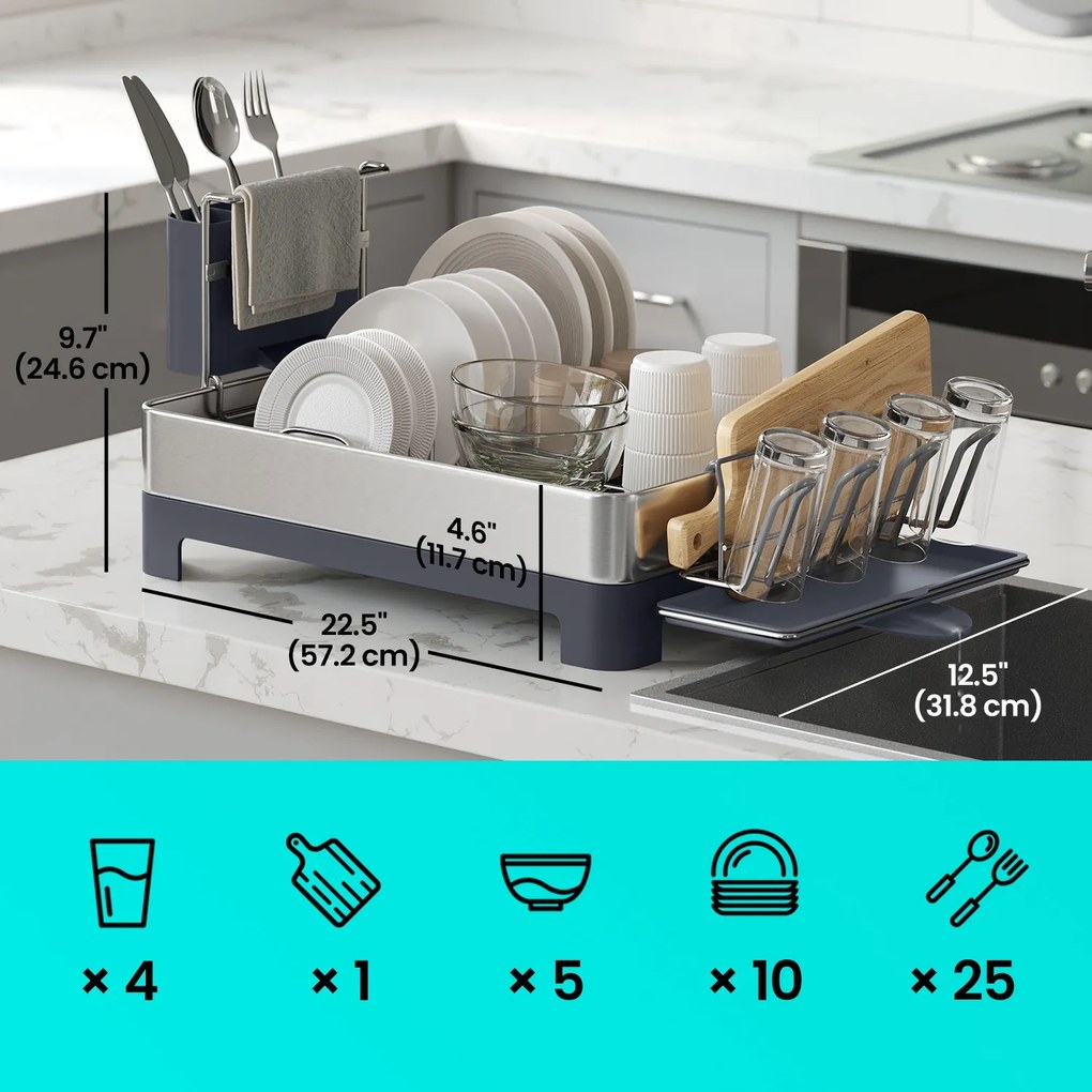 Escorredor de louça 31,5 x 58,8 x 24,1 cm cinza prateado