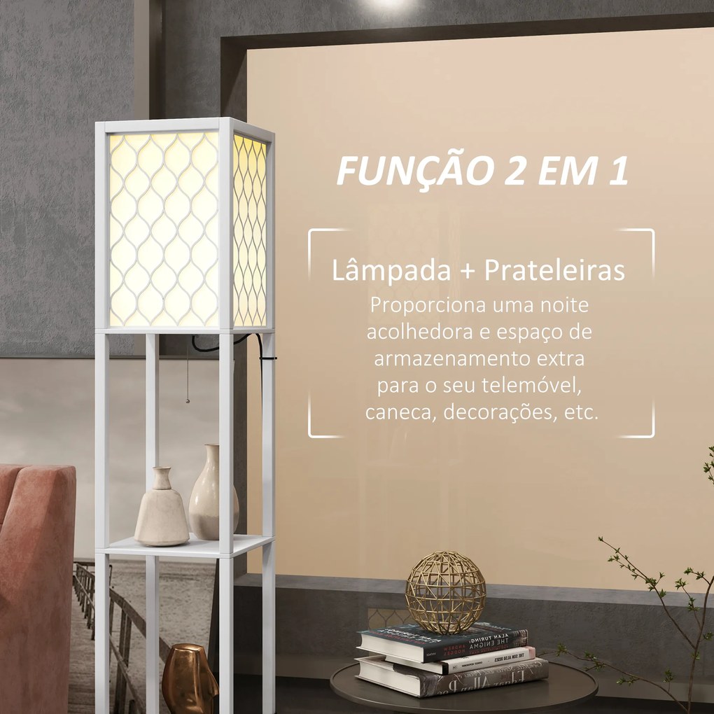 Candeeiro de Pé de Madeira com Estantes Lâmpada E27 Máx. 40W com Interruptor 26x26x156 cm Branco