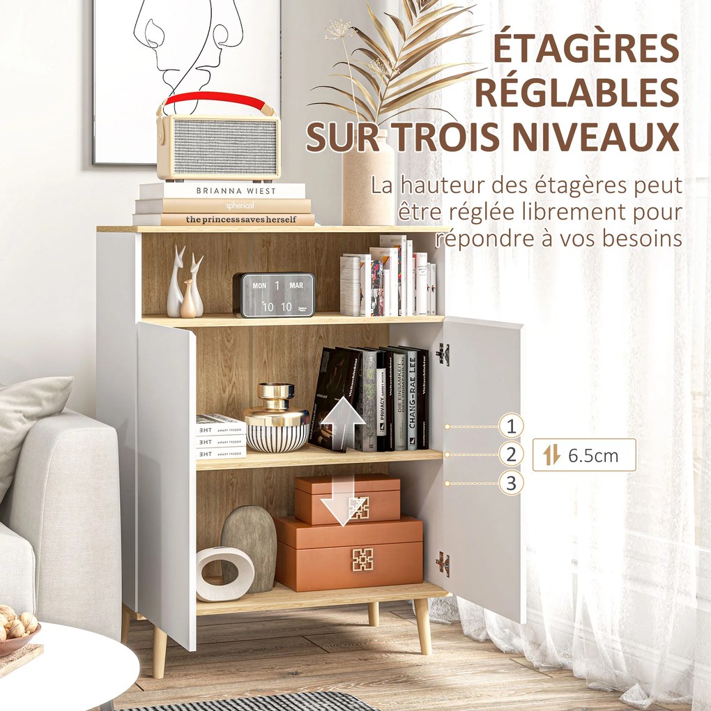 Móvel de arrumação tipo aparador escandinavo com 2 portas e prateleira interior 80 x 38 x 102 cm, branco com acabamento em imitação de madeira