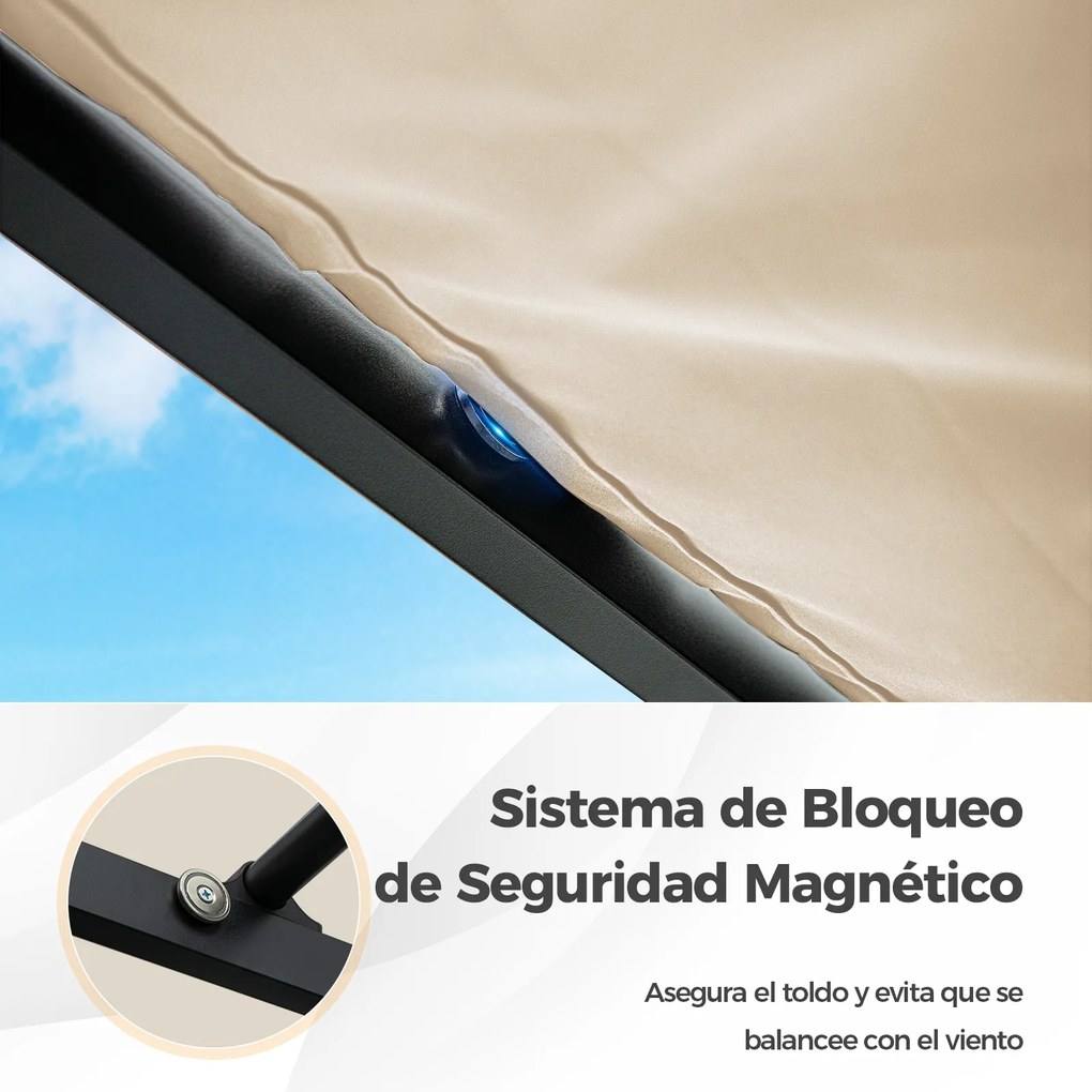 Pérgula jardim com toldo retrátil 310 x 310 cm, colunas metálicas de alta resistência, Bege + Preto
