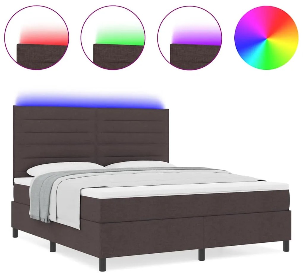Cama Box com Colchão e LED - Castanho Escuro, 140 x 200 cm, Tecido