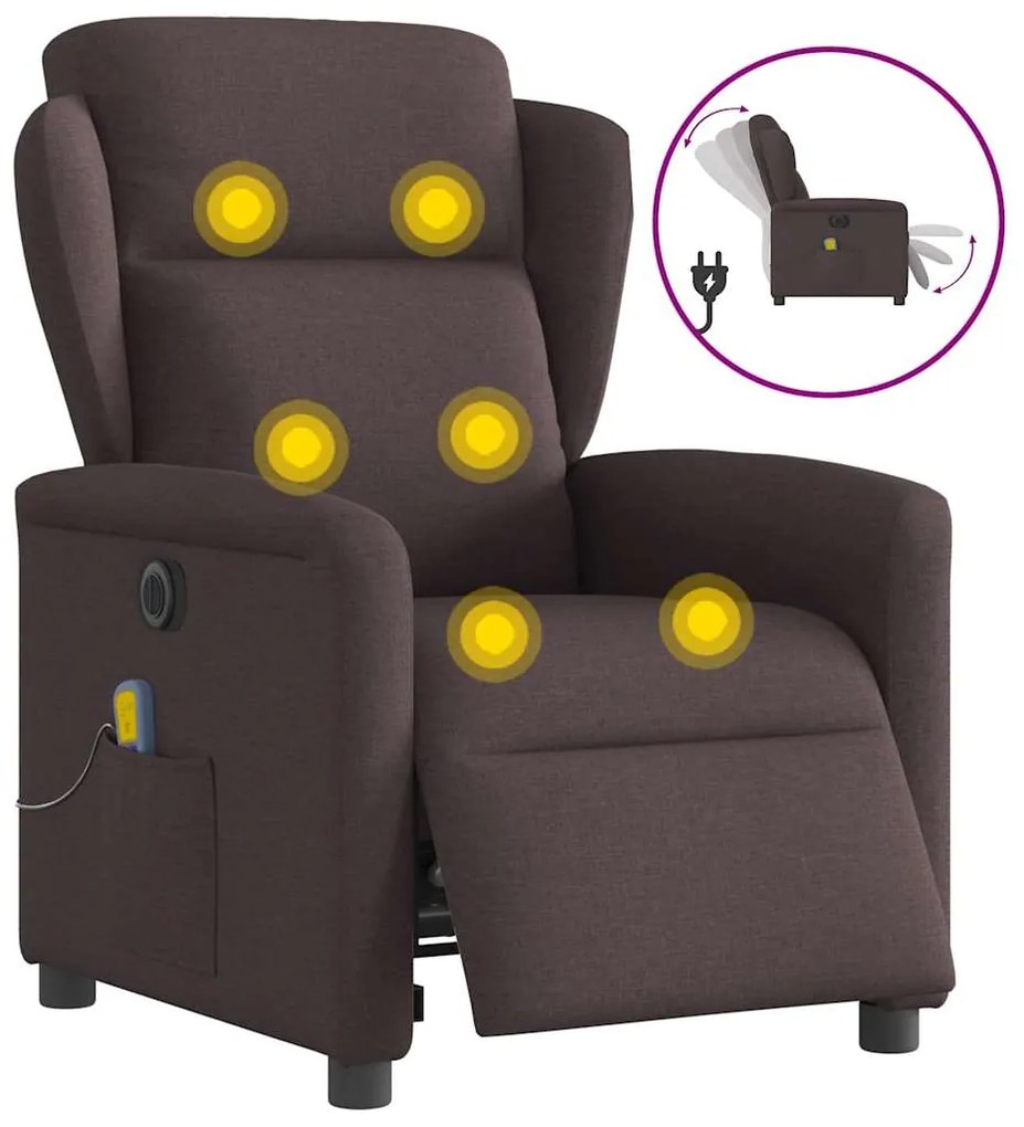 vidaXL Poltrona reclinável massagens elétrica tecido castanho-escuro