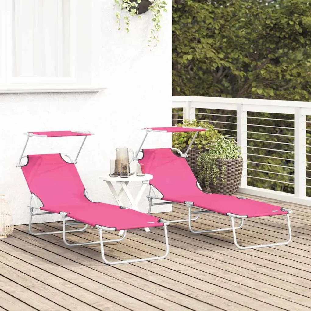 Espreguiçadeiras Dobráveis 2 pcs com Toldo Rosa Tecido Oxford 600D