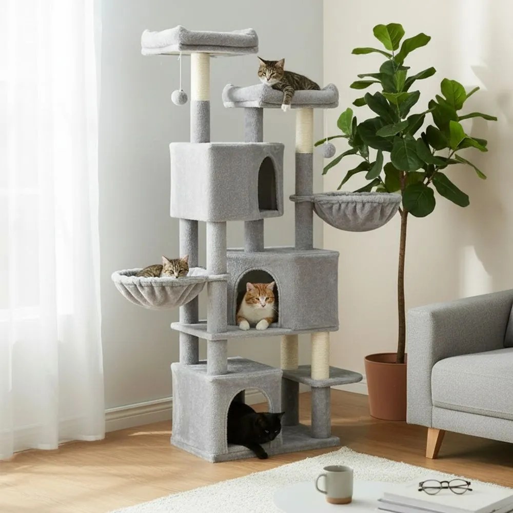 Arranhador de escalada para gatos, 55 x 40 x 164 cm e 3 cavidades cinzento