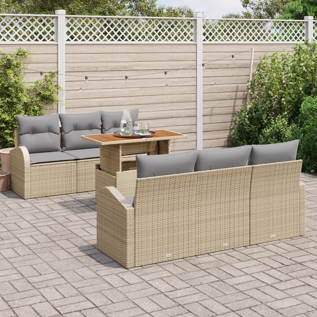 Conjunto de Sofá de Jardim de 7 Peças com Almofadas Bege Rattan Poliés