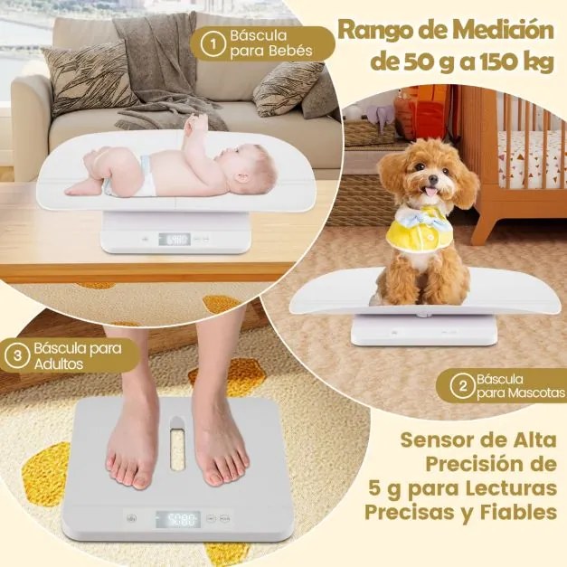 Balança digital para bebés 61 cm x 33 cm x 8 cm com bandeja removível para medir o peso e a altura com 5 unidades, desligamento automático e ecrã LED