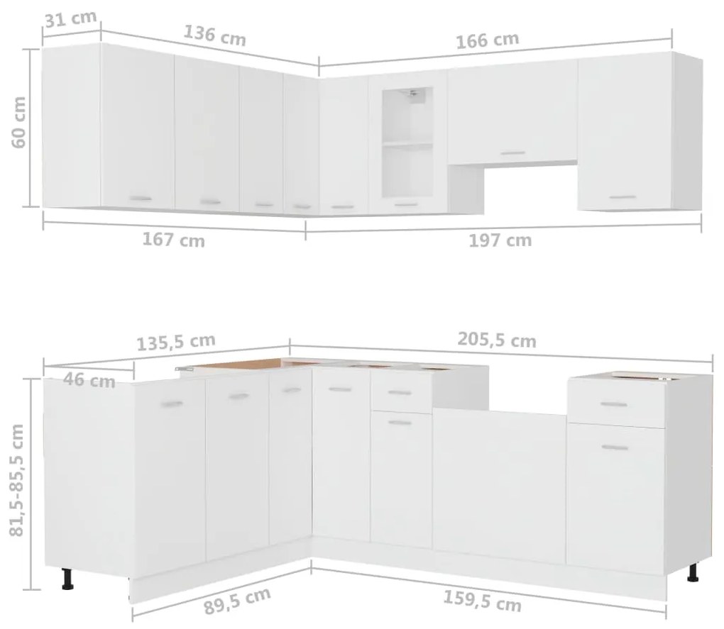 11 pcs conjunto armários de cozinha contraplacado branco