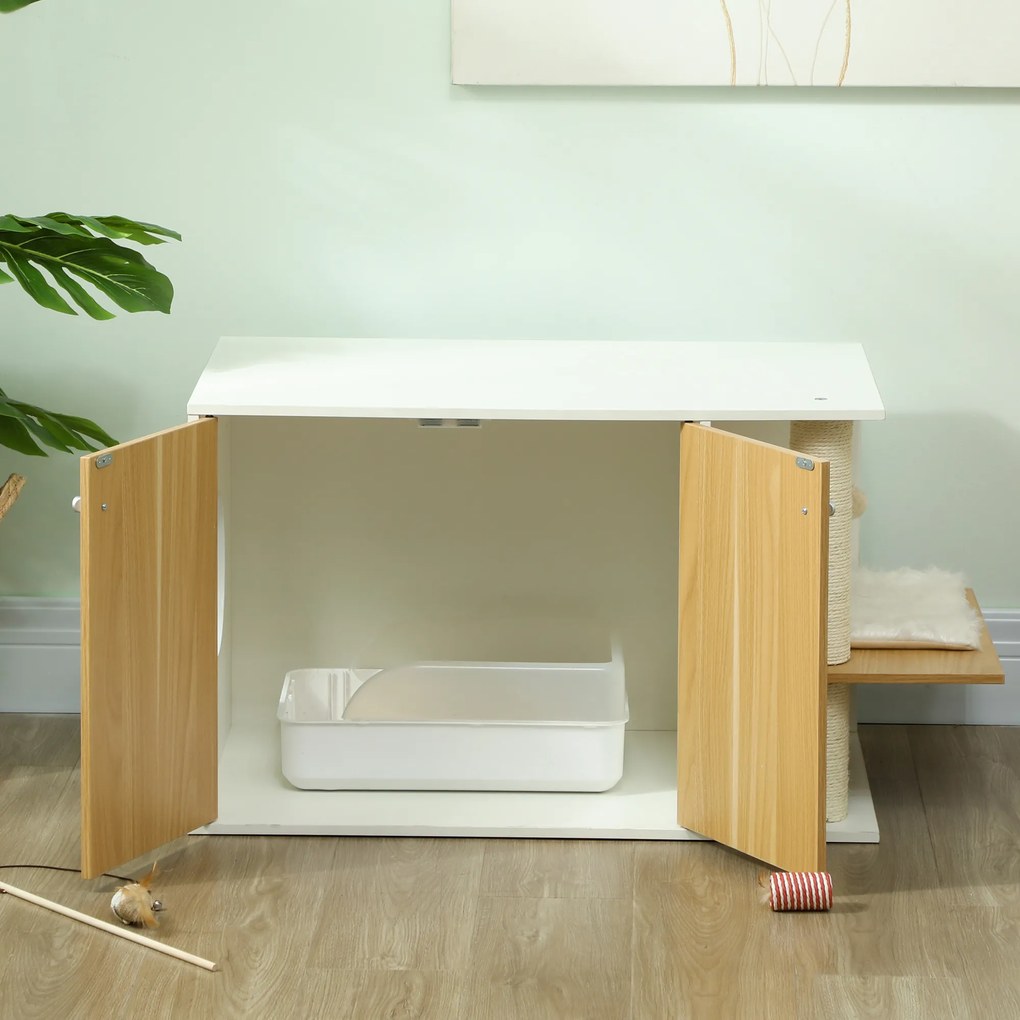 Móvel Caixa de Areia para Gatos 3 em 1 para Gatos com Poste para Arranhar e Centro de Jogos 94x48x50,5 cm Carvalho e Branco