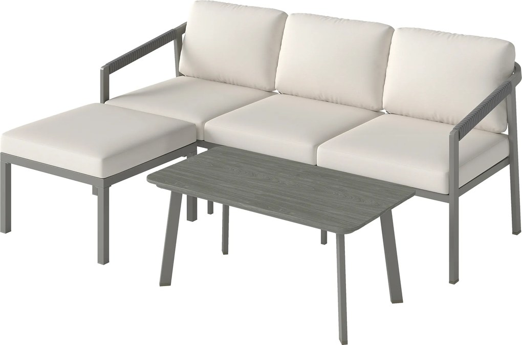 Outsunny Conjunto de Jardim de 3 Peças Sofá Exterior em L com Sofá de 3 Lugares Apoio para os Pés Mesa de Ripas Castanho e Bege | Aosom Portugal