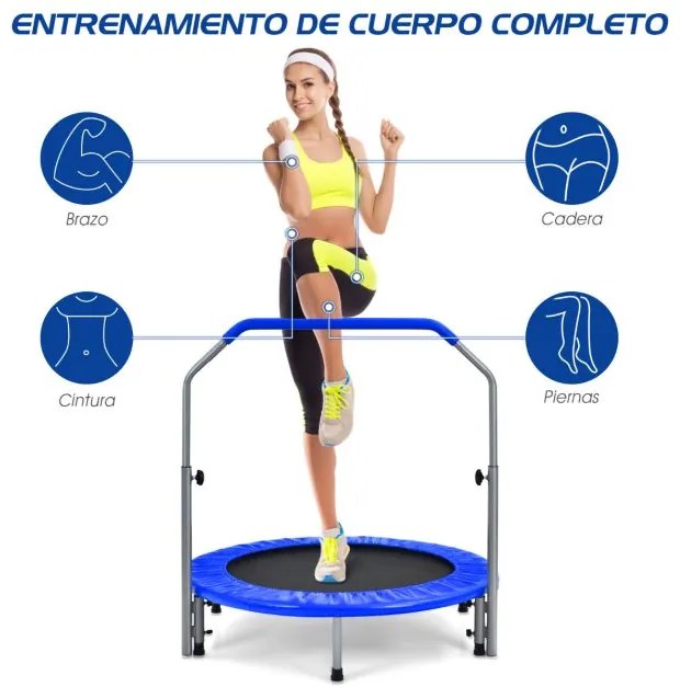 Mini Trampolim Dobrável 101 cm de Treino Fitness para Adultos e Crianças com Pega Ajustável em Altura Azul