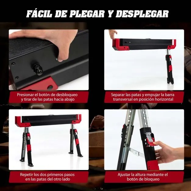 2 cavaletes dobráveis de aço com 2 x 4 braços de suporte Altura ajustável 61,5-82,7 cm Cavaletes portáteis para serras até 1180 kg Preto + vermelho
