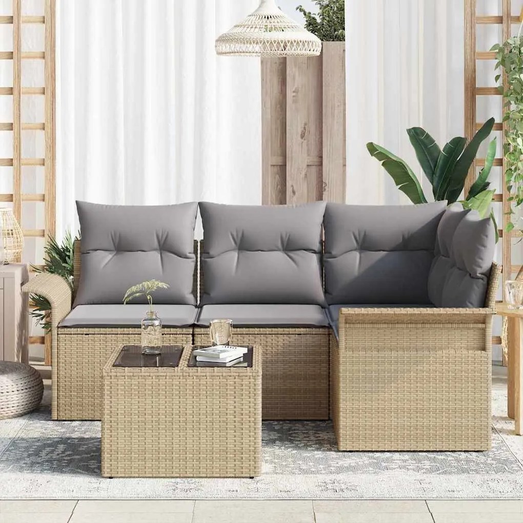 Conjunto de Sofá de Jardim de 5 Peças com Almofadas Preto Rattan Polié