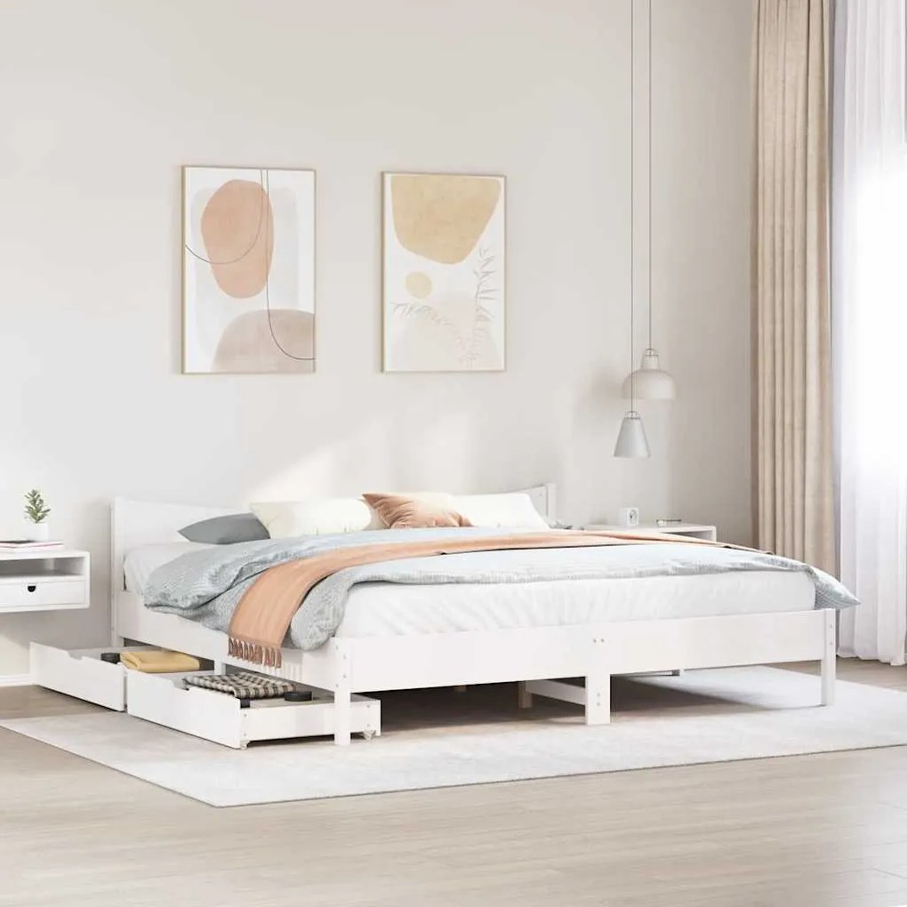 Estrutura de cama c/ gavetas 200x200 cm pinho maciço branco