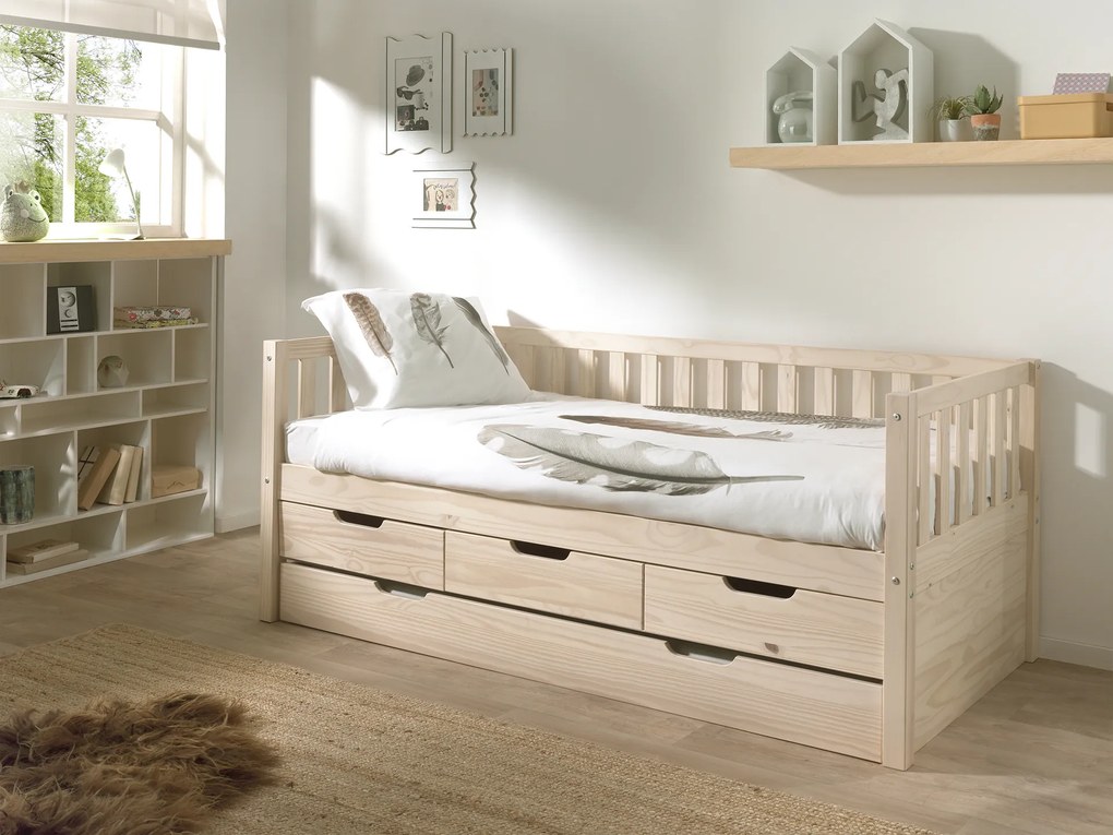 Cama infantil FRITZ (90x200) com 3 gavetas + Gaveta inferior + Estrado Natural