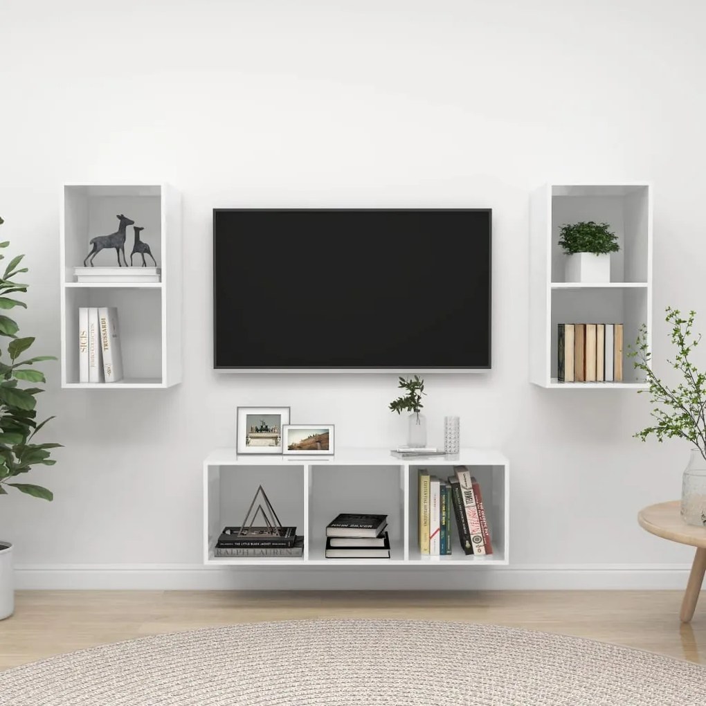 vidaXL 3 pcs conjunto móveis de TV derivados madeira branco brilhante
