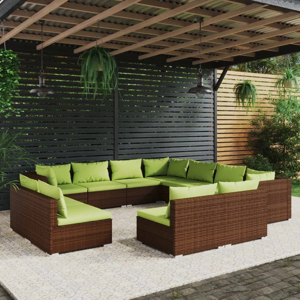 11 pcs conjunto lounge de jardim c/ almofadões vime PE castanho