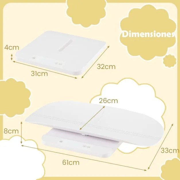 Balança digital para bebés 61 cm x 33 cm x 8 cm com bandeja removível para medir o peso e a altura com 5 unidades, desligamento automático e ecrã LED