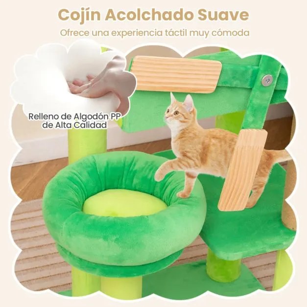 Arranhador para gatos com moinho de vento com vários níveis com poste para arranhar Plataforma com almofada Verde