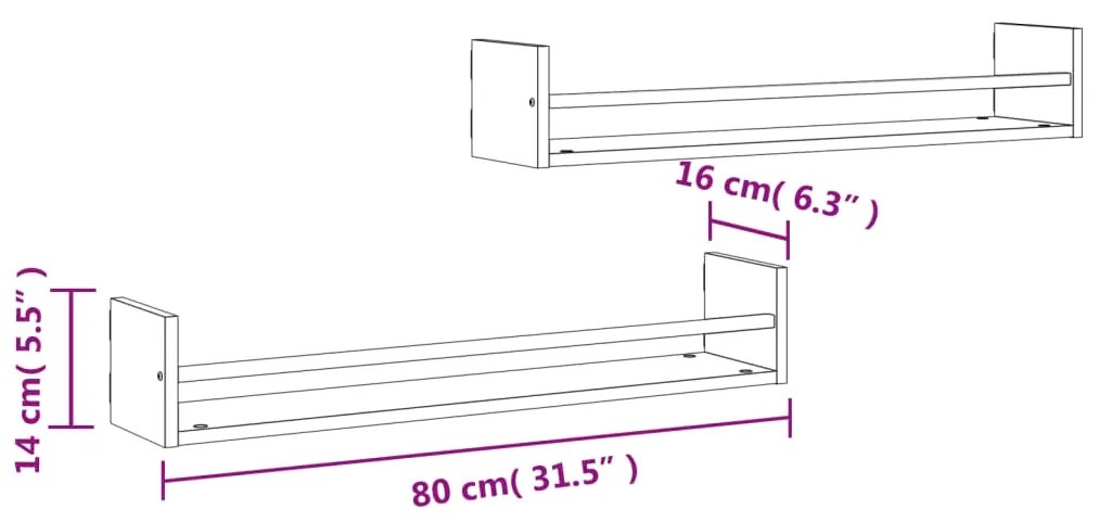 Prateleiras de parede c/ barras 2 pcs 80x16x14 cm cinza sonoma