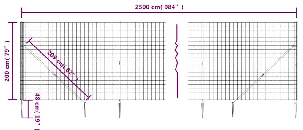 Cerca de malha de arame c/ estacas de fixação 2x25m antracite