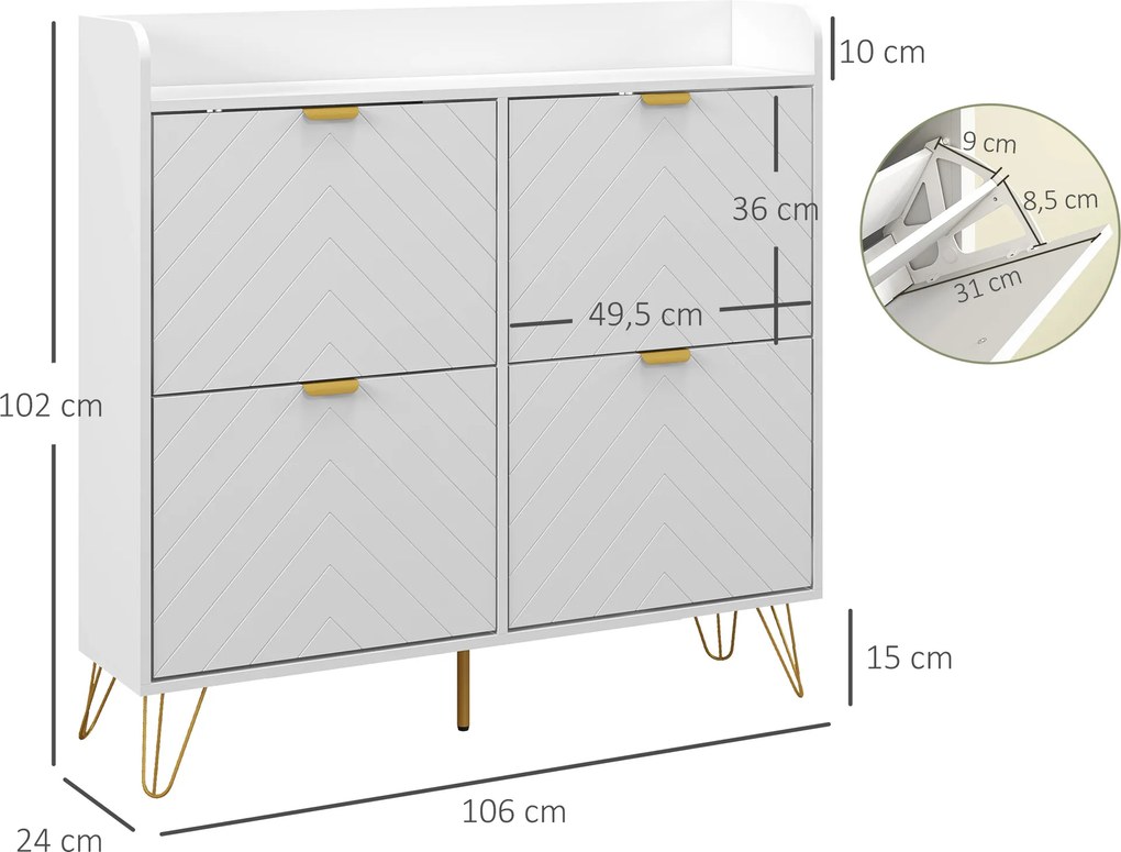 Sapateira, Armário para sapatos com 4 portas basculantes, com prateleira ajustável, 106 x 24 x 102 cm, branco