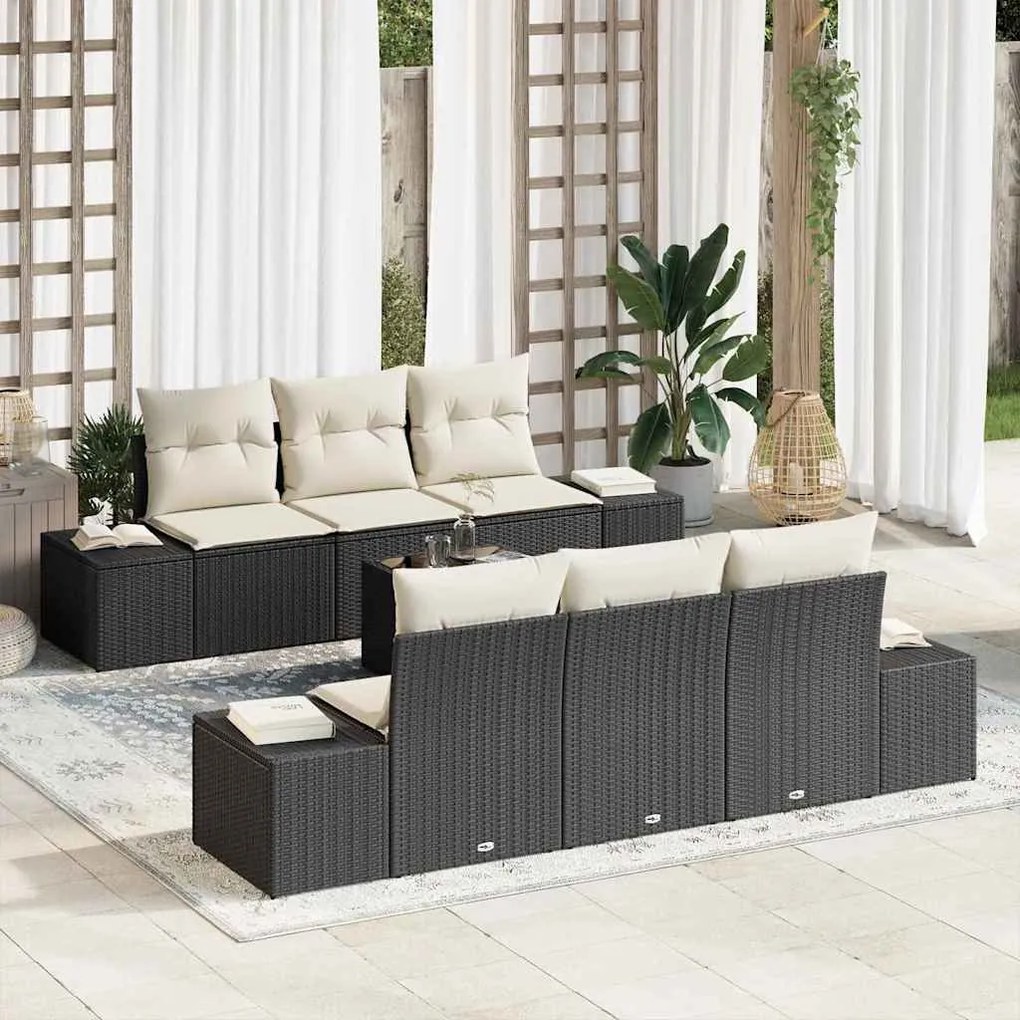 Conjunto de Sofá de Jardim com 7 Peças e Almofadas Pretas em Rattan Si