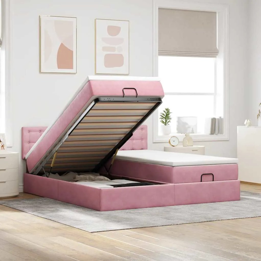 moldura de cama otomana vidaXL com colchão rosa 200x200cm Veludo