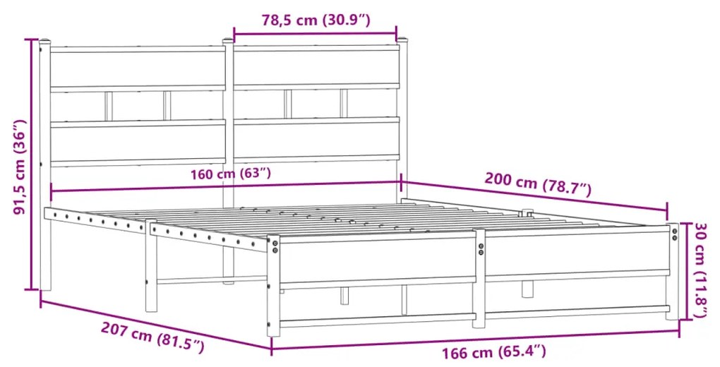 Estrutura de cama sem colchão 160x200cm metal carvalho sonoma