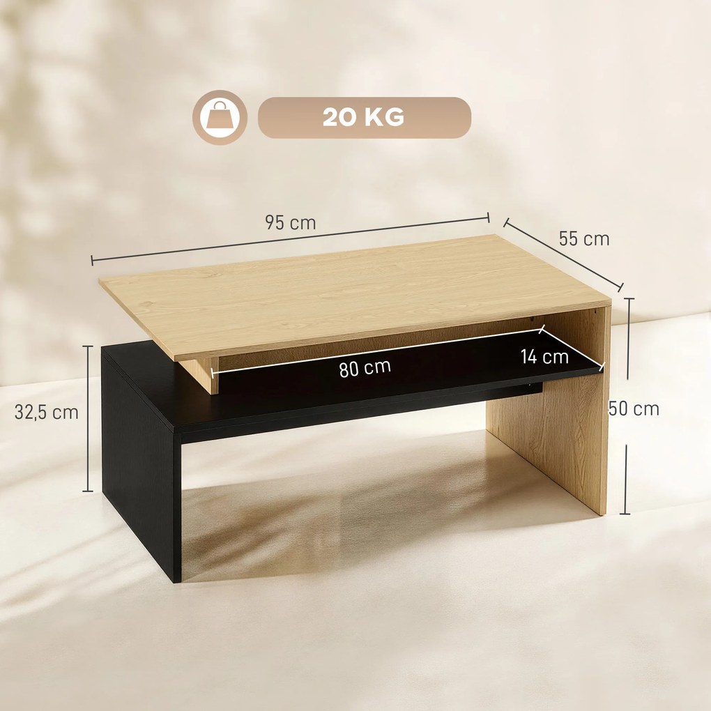 Mesa de centro 95 x 55 x 50 cm moderna bicolor com níveis deslocados e prateleira de arrumação , cor madeira natural e preta