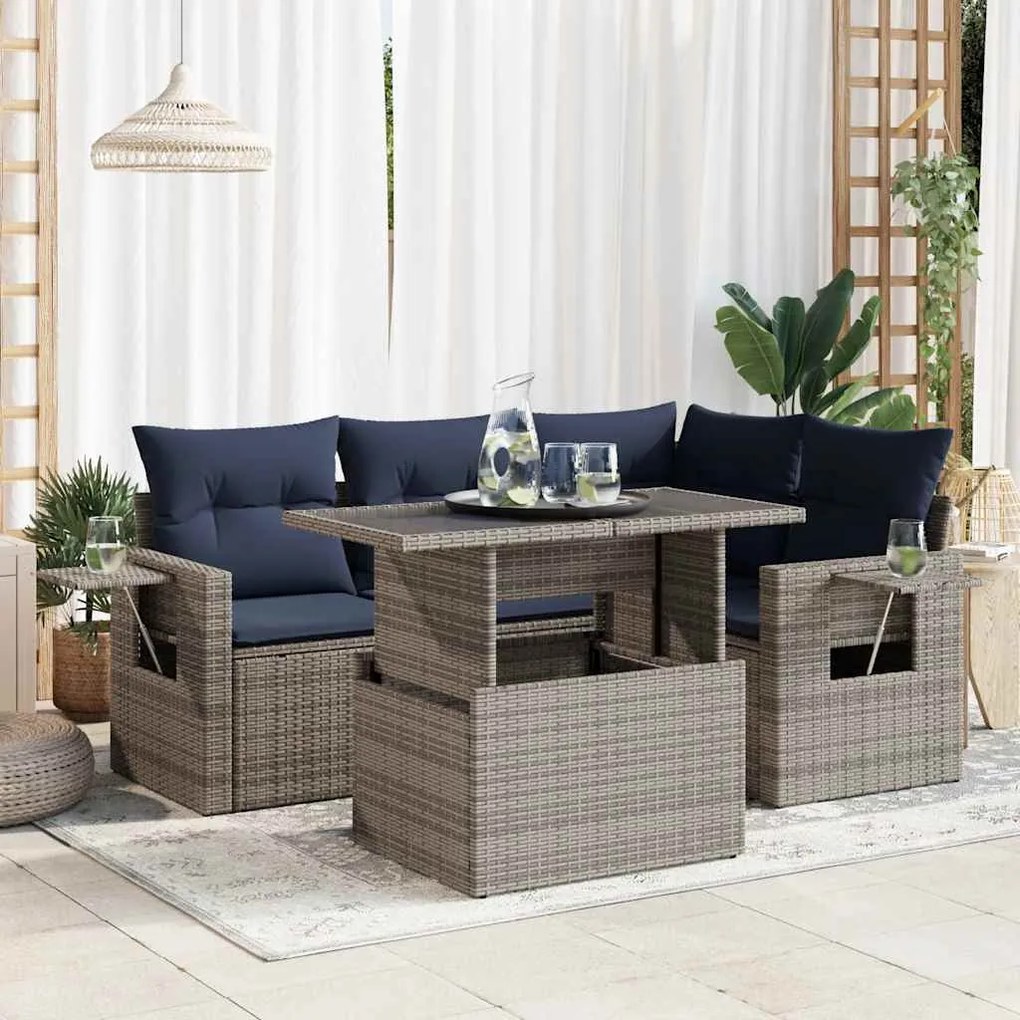 5 pcs conjunto sofás de jardim com almofadões acácia e vime PE