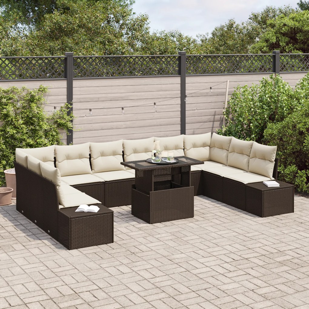 Conjunto de Sofá de Jardim de 11 Peças com Almofadas Castanho em Ratta