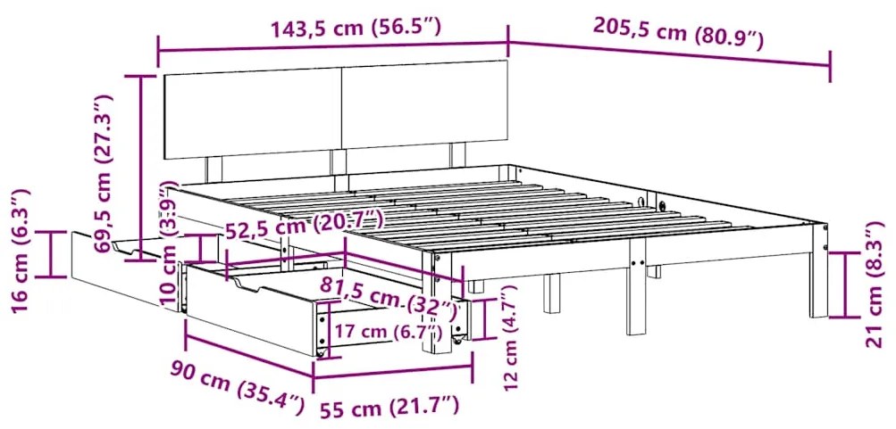 Estrutura de cama c/ gavetas 140x200 cm pinho maciço branco